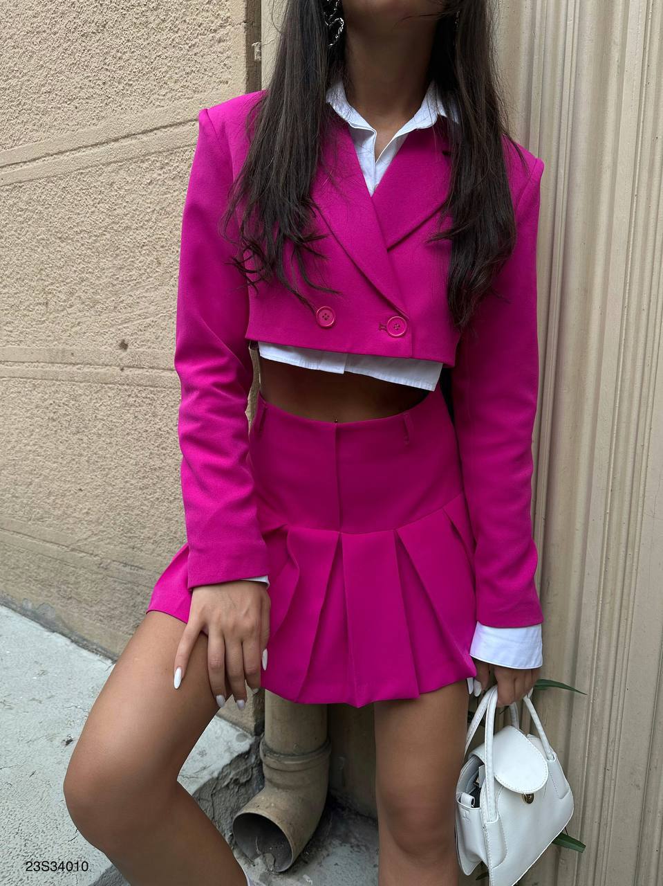 Crop Blazer Pleated Skirt Set